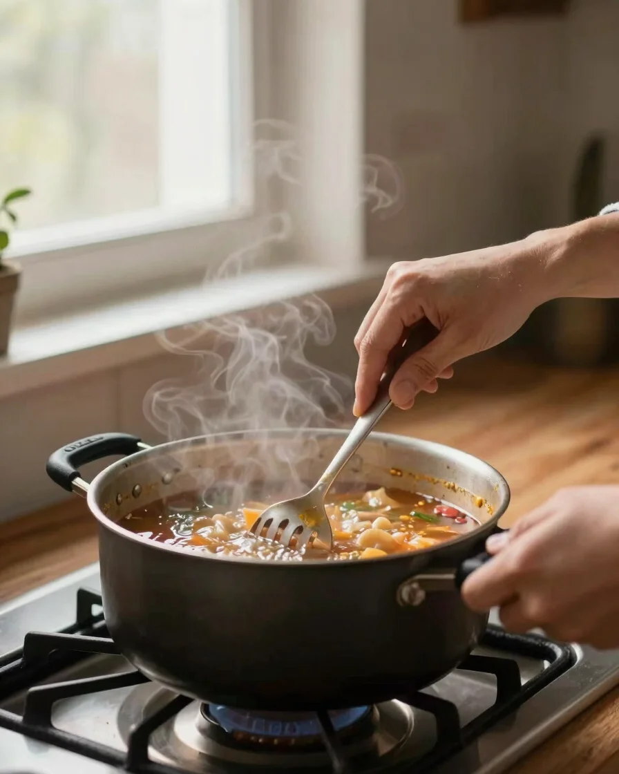 Imoo's hands gently stirring a pot of simmering stew on a rustic stovetop, soft natural window light, shallow depth of f