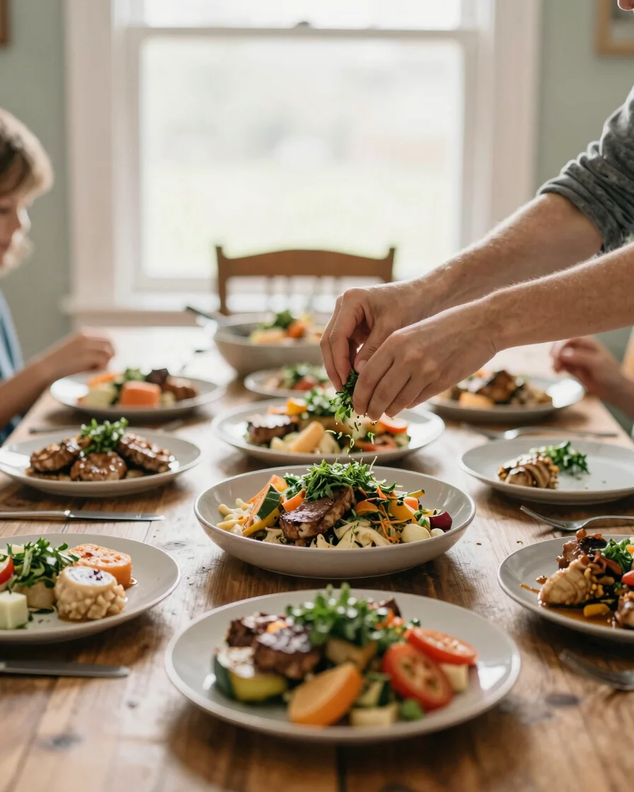 Wide panoramic shot of a freshly cooked family meal on a rustic w